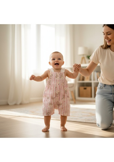 Ürünya Kız Bebek Çiçek Desenli Askılı Sıfır Kollu Kısa Tulum Pembe