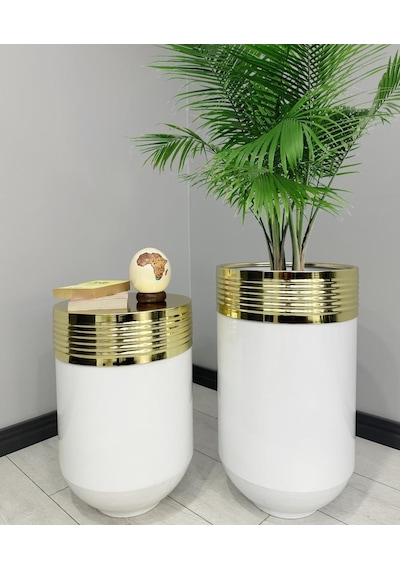 Elegant Dekoratif Gold Darbuka Parlak Beyaz Saksı 70cm + 60cm Sehpa İkili Set