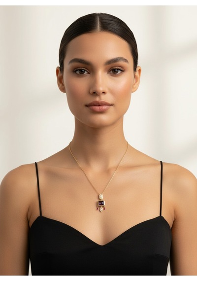 Valmont Accessories Kadın Altın Renk Mor Taşlı Geometrik Uçlu Kolye