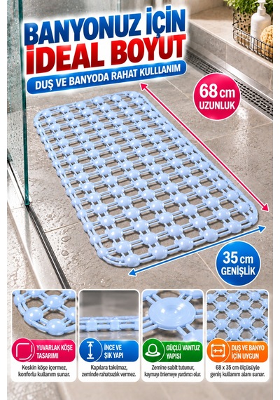 Crystal Kaymaz Vantuzlu Banyo Paspası Mavi 68x35 Cm Islak Zemin Kaydırmaz Küvet Duşakabin Pvc Matı