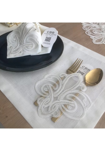 Vaveni Sofra Takımı Taç Gardenya Keten Yemek Takımı 160x260 Masa Seti 26 Parça Runner Set Krem Arz