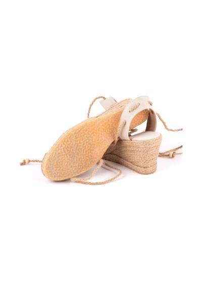 Star Tombis Gerçek Elişi Bilekten Bağcıklı Topuğu Açık Dolgu Topuk Keten Hasır Kadın Espadril Handmade Bej