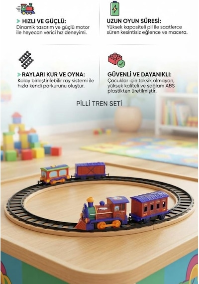 11 Parça Pilli Tren Seti 140 Cm Ray Uzunluğu Kolay Kurulumlu Eğitici Ve Eğlenceli Oyuncak Tren