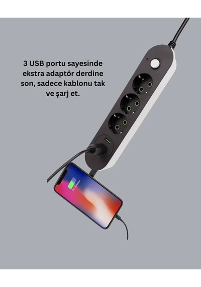 Ers 3 Usb Çıkışlı Hızlı Şarjlı Anahtarlı Üçlü Priz