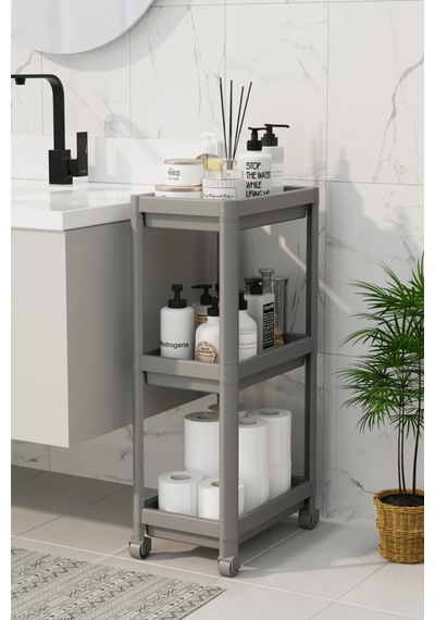 3 Katlı Banyo Raf Ünitesi Peggy Gri Banyo Düzenleyici Şampuanlık Havluluk Dolap Gri Renkli