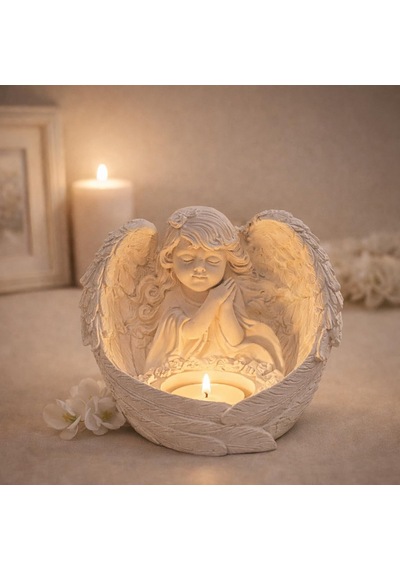 Melek Figürlü Dilek Tutan Tealight Mumluk, Taş Döküm, 13x15 Cm, Dekoratif Anma Ve Hediye Dekoru İçin Çok Renkli