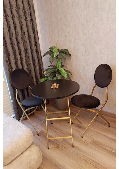 Bahçe Balkon Katlanır Sandalye Masa Takımı Metal Gold Siyah Sarı