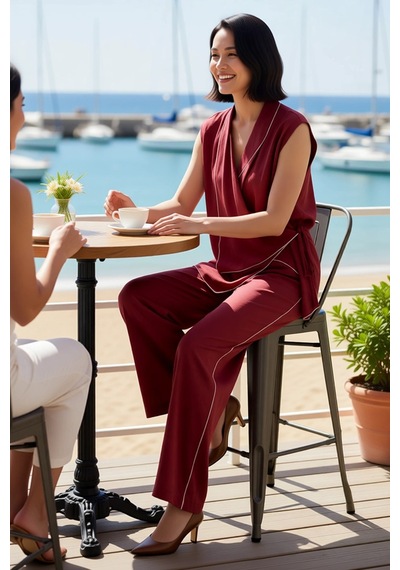 Benerly Kadın Büyük Beden Kolsuz Kruvaze Yaka Oversize Bluz Pantolon Takı Bordo