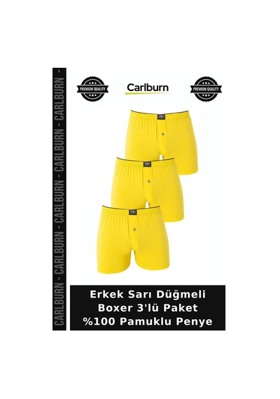 Carlburn Delux Serisi Erkek Sarı Düğmeli Boxer 3'lü Paket %100 Pamuklu Penye Tekstil Sonbahar Sarısı