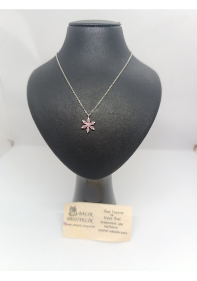 925 Ayar Gümüş Kolye Hediye Kutulu Pembe Taşlı Lotus Çiçeği Modeli -1016 Pembe