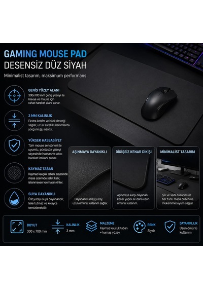 Gaming Mouse Pad 30x70 Cm 3 Mm Kalınlık, Kaymaz Tabanlı Geniş Oyuncu Mousepad, Düz Siyah Masaüstü Mouse Pedi