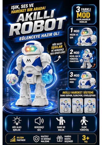 Işıklı Sesli Pilli Hareketli Yürüyen Robot Oyuncak Pilli Robot Beyaz