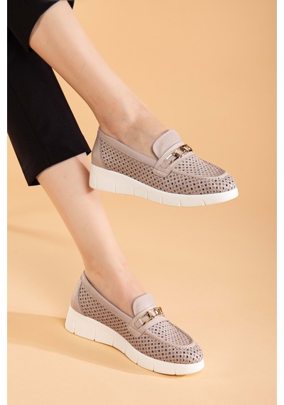 Analin Shoes Kadın Hakiki Deri Günlük Lazerli Tokalı Rahat Ayakkabı Silvergrey