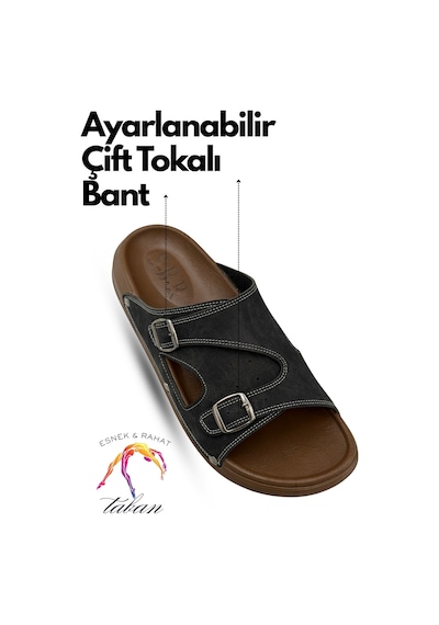 Sermoda Erkek Terlik - Çift Toka Ayarlanabilir Esnek Taban Deri Erkek Terlik T Siyah