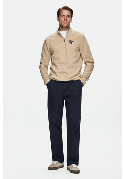 Ucla Cornıng Koyu Bej Yarım Fermuarlı Nakışlı Polar Standard Fit Erkek Sweatshirt Koyu Bej