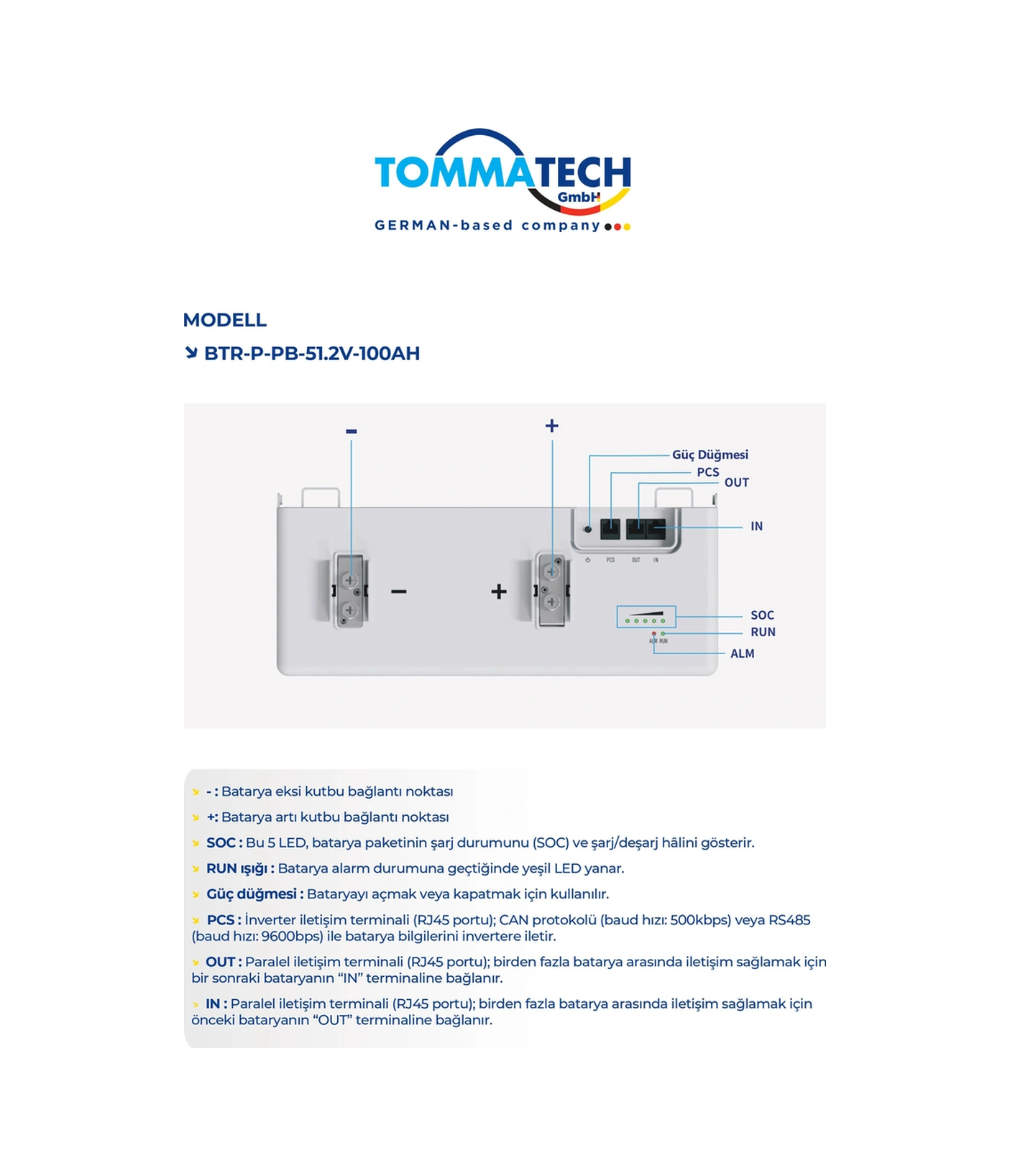 Tommatech Modüler Serisi 51.2 V 102ah Pb Lfp Lityum Batarya