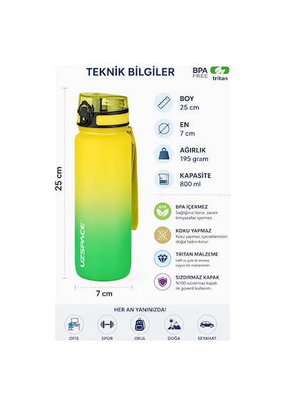 Uzspace 2'li Tritan Matara Seti 800 Ml Çift Renk Softtouch Ff Collection Tritan Su Matarası Sarıyeşil-turuncumavi