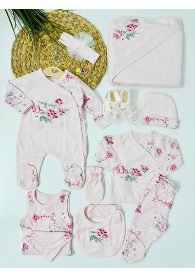 Alpbebe Rose Çiçek Nakışlı 10 Lu Hastane Çıkışı Set - Pembe Pembe