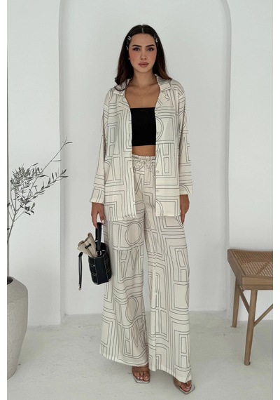 Asprin Fashion Geometrik Desen Modal Saten Takım Beyaz Beyaz