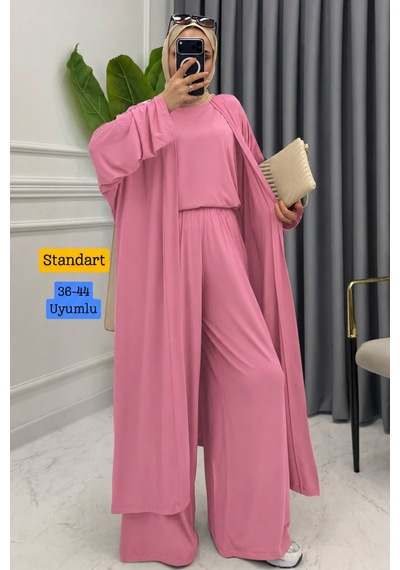 Balenbi Kadın Viskon Penye Uzun Hırka Bluz Geniş Paça Pantolon Abaya Takım 3791 Pembe