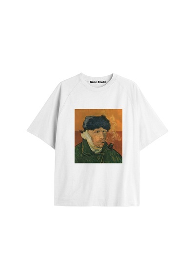 Kalic Studio Unisex Van Gogh Baskılı Oversize Tshirt Beyaz-65
