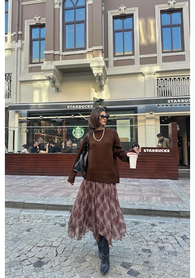 Asur Boutique Asur Butik Kadın Asimetrik Kesim Şifon Astarlı Etek Kahverengi