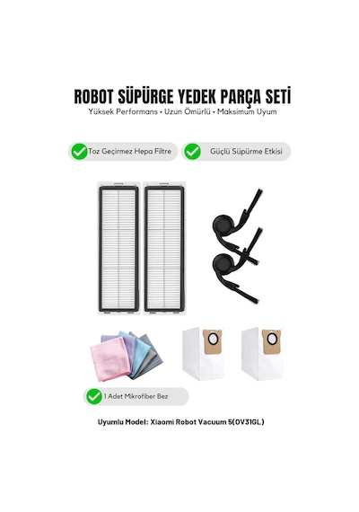 Robot Vacuum 5 Ov31gl İle Uyumlu 2 Yan Fırça 2 Filtre 2 Toz Torbası 1 Temizlik Bezi 13.0