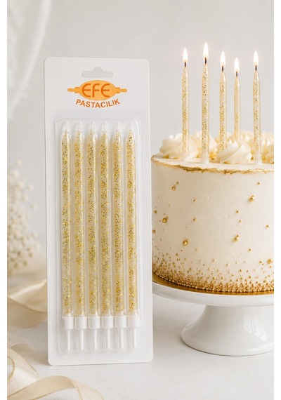 Beyaz Gold Simli Uzun Pasta Mumu 17 Cm Karışık