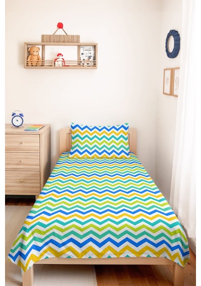 Mavi Zigzag Geometrik Genç Odası Tek Kişilik Pike Takımı - Renkli 160x220 Cm Kapitone Yatak Örtüsü Bohem Kil Kabuğu