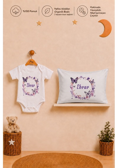 Pia Baby İsme Özel Kız Bebek Hediyesi %100 Pamuk Organik Baskılı Body Yastık Kılıfı Ve Ham Bez Kıyafet Kesesi 1043bykyx Ekru