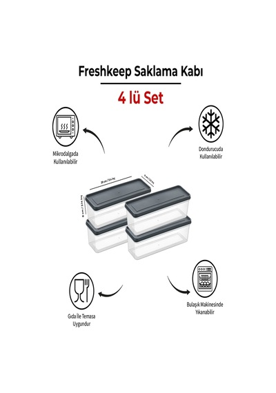 4'lü Saklama Kabı 1,3 Litre Derin Dondurucu Mikrodalga Uyumlu Gri