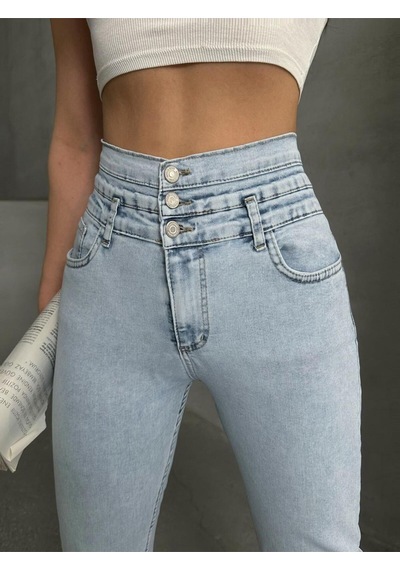 Shevega Kadın Buz Kar 3 Düğme Likrali Dar Paça Kot Pantolon Gri