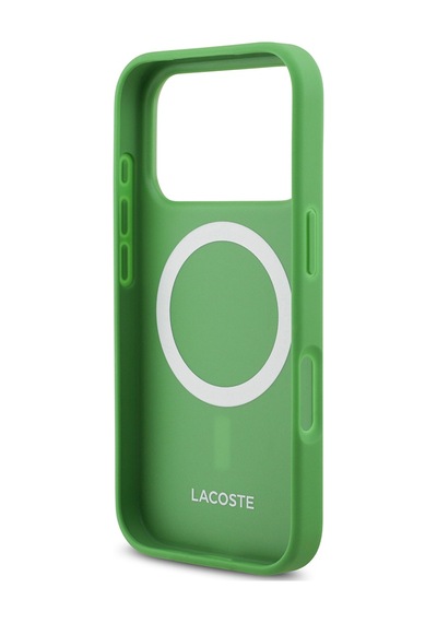 Apple Uyumlu iPhone 18 Pro Kılıf Lacoste Lisanslı M-safe Şarj Özellikli Pu Pike Desenli Metal Logolu Kapak Yeşil