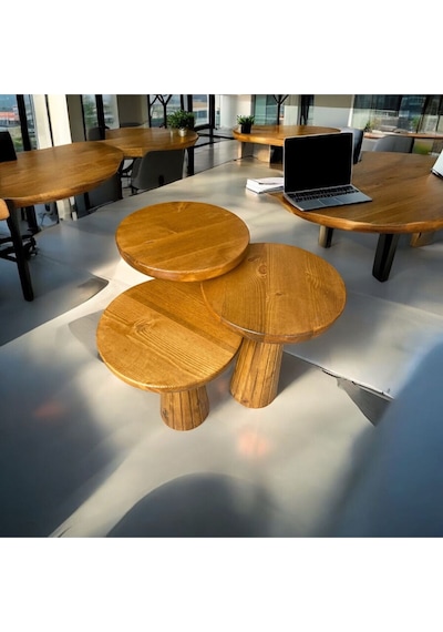 Simillo Wood Wooden Ahşap 3 Lü Set Fitilli Mantar Yan Sehpa Modern Tik Ağacı Renk Fiskos Tik Ağacı