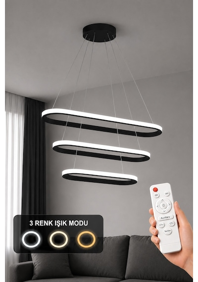 AvizeGO Elipso 3'lü Led Sarkıt Avize 3 Renk Kumandalı Siyah