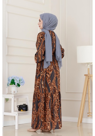 Sevitli Leopar Desenli Beli Tünelli Viscon Elbise-gri-5090 Gri