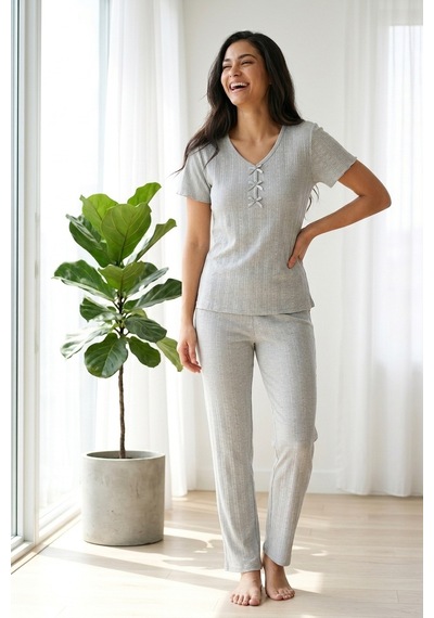 Aura Collections Kadın Bambu Viskon Transfer Ribana Kısa Kollu Düğmeli Pijama Takımı Gri