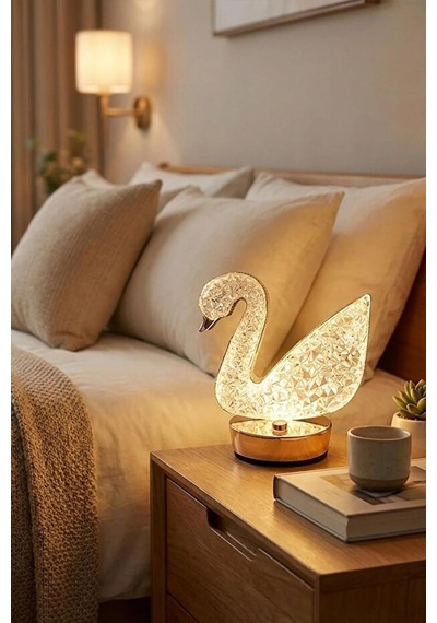 Kristal Led Masa Lambası 3 Renk Işıklı Kuğu Kristal Diğer