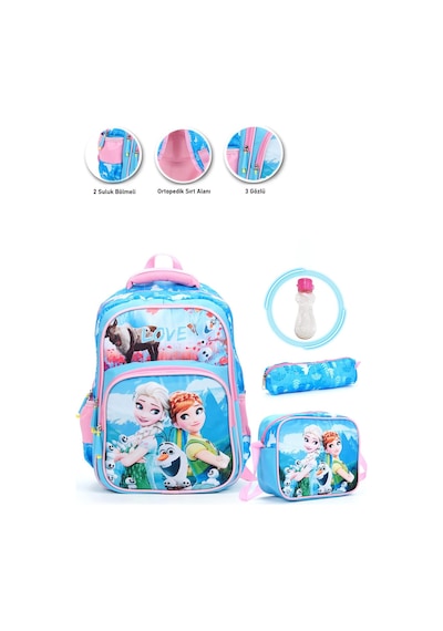 Mavi Love Elsa Anna Okul Çantası + Beslenme + Kalemlik + Suluk Frozen Sırt Çantası Atcık Çanta