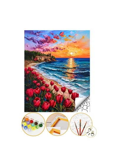 Sayılarla Boyama Numaralı Tuval Seti Fırça Boya Dahil 40x50cm - Kırmızı Laleler Ve Günbatımı Sahil