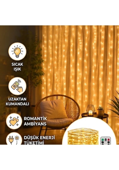 Uzaktan Kumandalı Günışığı Peri Led Perde 3x3 Metre 8 Fonksiyonlu Dekoratif Aydınlatma