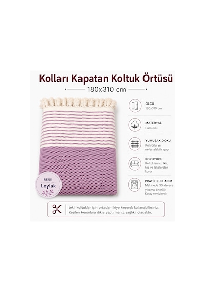 Pamuklu Kaymaz Hasır Dokuma Maxi Kolları Kapatan Koltuk Örtüsü 180x310 -leylak