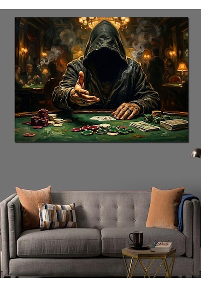 Poker Masasında Gizemli Kumarbaz Figürü Dekoratif Kanvas - Mdf Ahşap Tablo