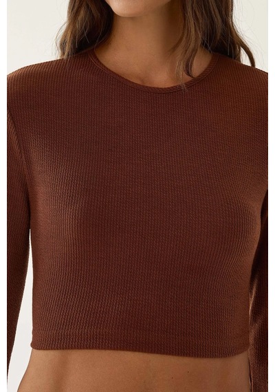 Hiccup Slim Fit Örme Crop Bluz Kestane Kahvesi