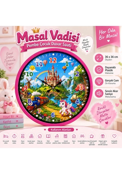 Masal Vadisi Pembe 36 X 36 Cm Çocuk Duvar Saati