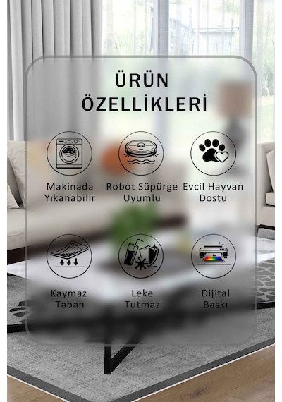 Yıkanabilir Kaymaz Taban Dijital Baskılı Halı Ve Yolluk Leke Tutmaz Salon & Mutfak Halısı - 0466 Gri