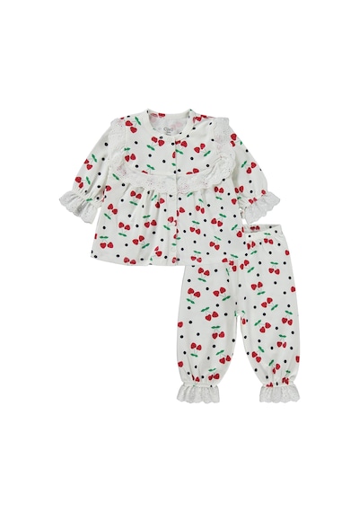 Civil Baby Puanlı Kiraz Emprime Fistolu Kız 6-18 Ay Pijama Takımı - Ekru