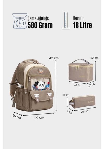 3'lü Set Çocuk İlkokul Çantası Kalemlikli Beslenme Çantalı Sırt Çantası Rlx-1940 Latte