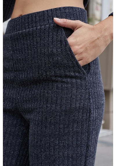 JUMENT Kadın Simli Kaşkorse Yüksek Bel Yan Cepli Beli Lastikli Bol Paça Pantolon -lacivert JUMENT Kadın Simli Kaşkorse Yüksek Bel Yan Cepli Beli Lastikli Bol Paça Pantolon -lacivert