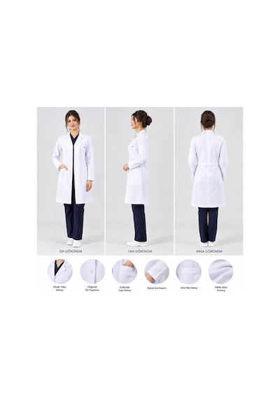 Beyaz Önlük Unisex Orta Boy Klasik Yaka Uzun Kol Doktor Öğretmen Hemşire Öğrenci Stajyer Eczacı Laboratuar Önlüğü